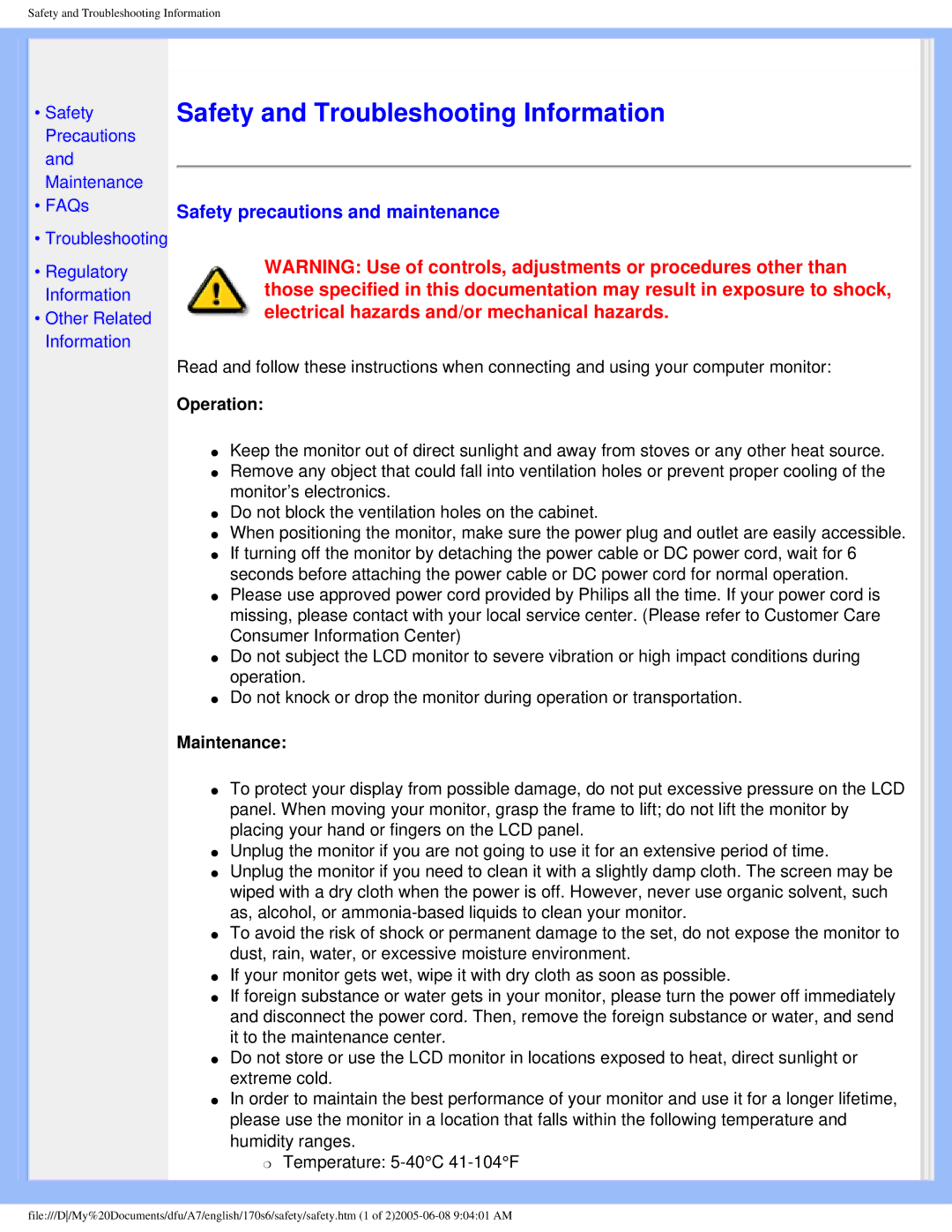 Philips 170s6 user manual Safety and Troubleshooting Information, Safety precautions and maintenance 