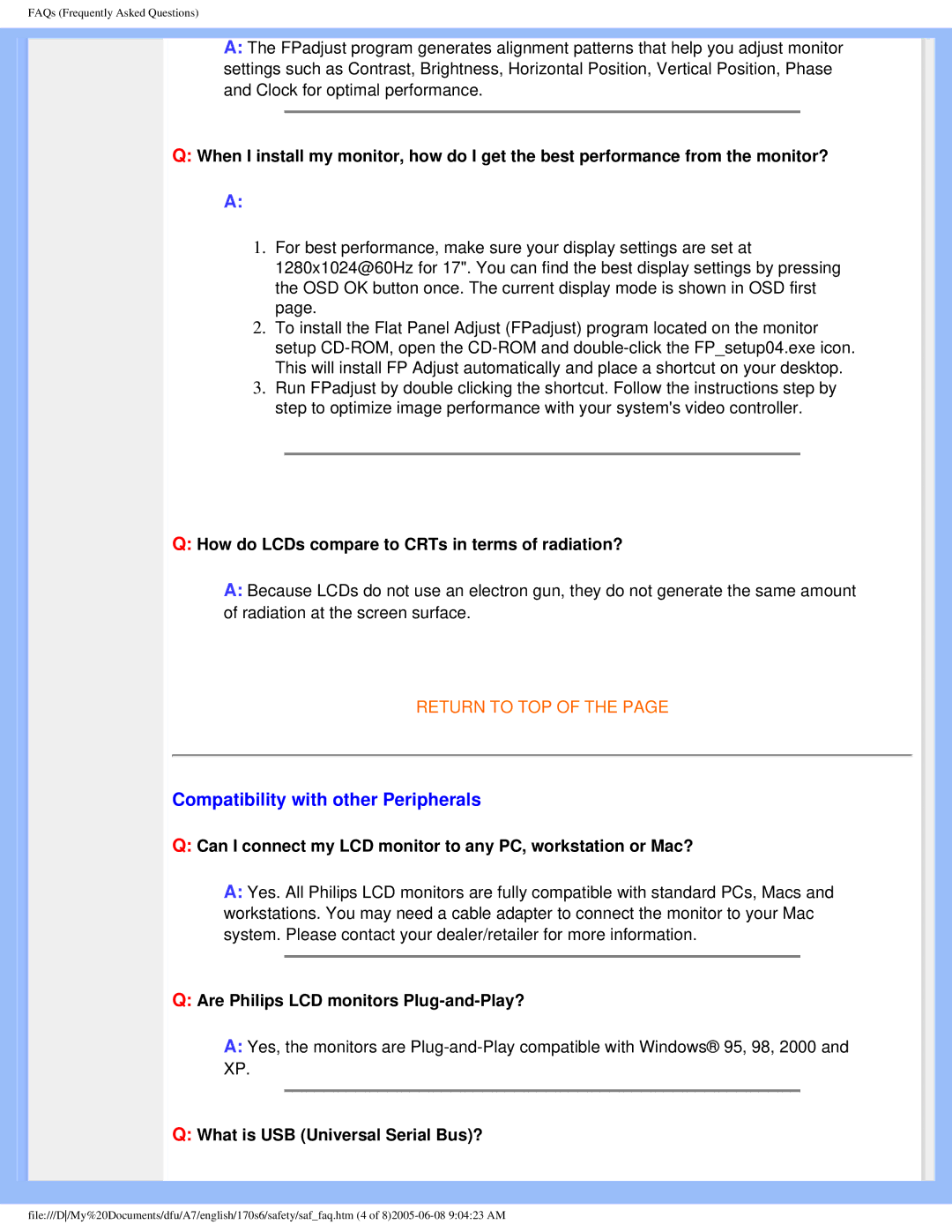 Philips 170s6 user manual Compatibility with other Peripherals, How do LCDs compare to CRTs in terms of radiation? 