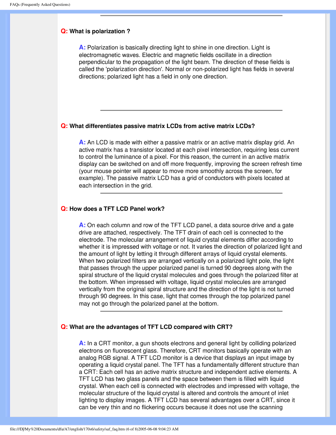 Philips 170s6 user manual What is polarization ?, How does a TFT LCD Panel work? 