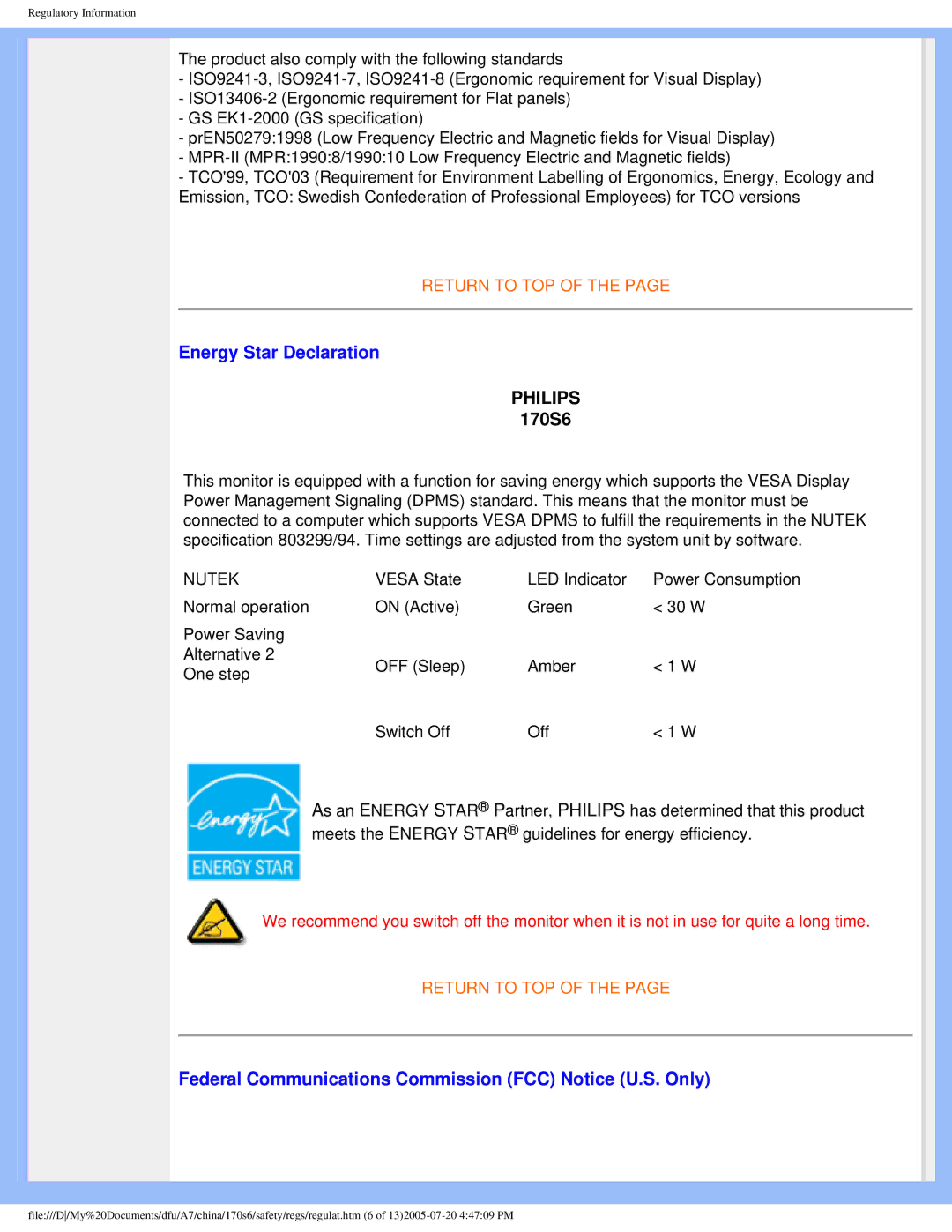 Philips 170s6 user manual Energy Star Declaration, Federal Communications Commission FCC Notice U.S. Only 