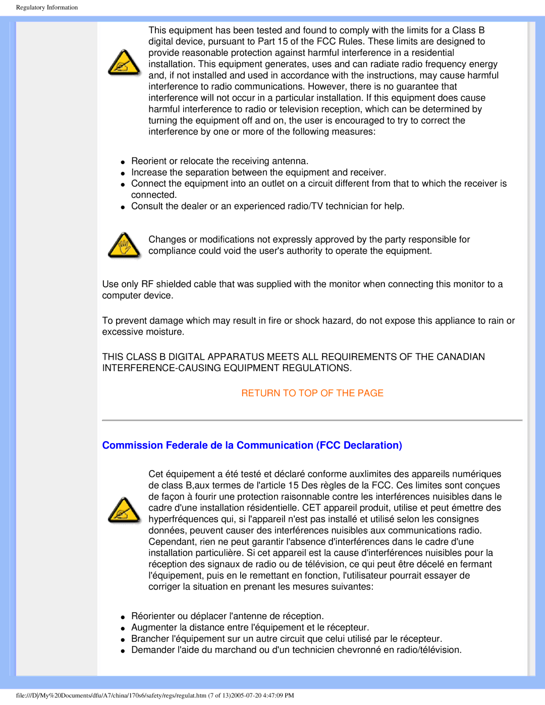 Philips 170s6 user manual Commission Federale de la Communication FCC Declaration 