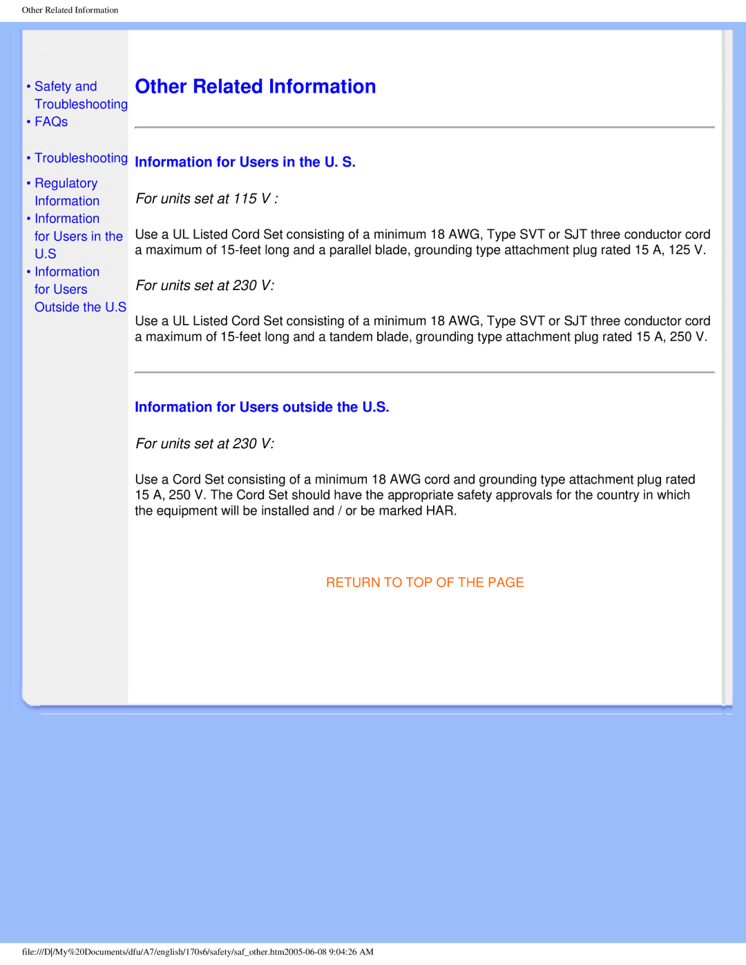 Philips 170s6 user manual Information for Users in the U. S, Information for Users outside the U.S 