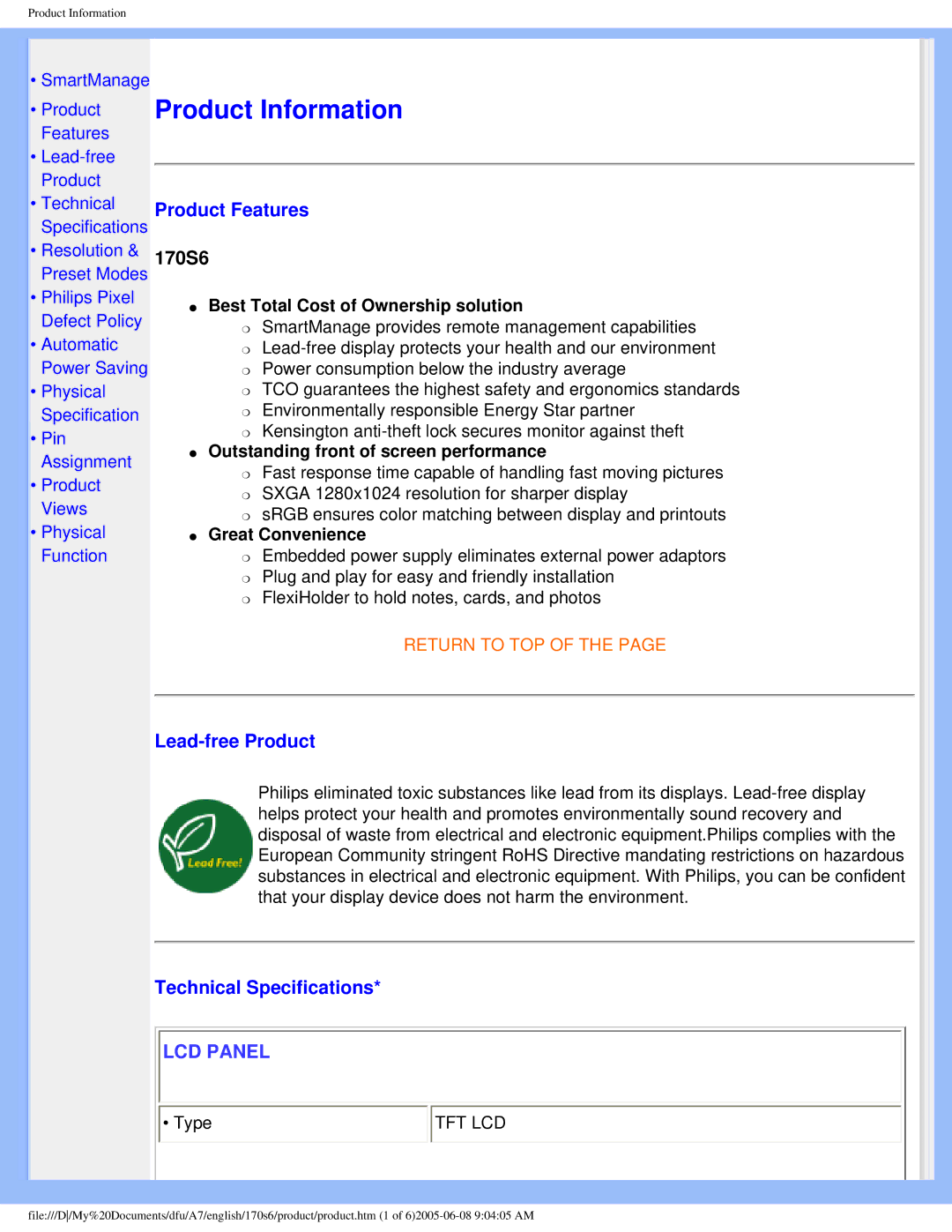 Philips 170s6 user manual Product Features, Lead-free Product, Technical Specifications 