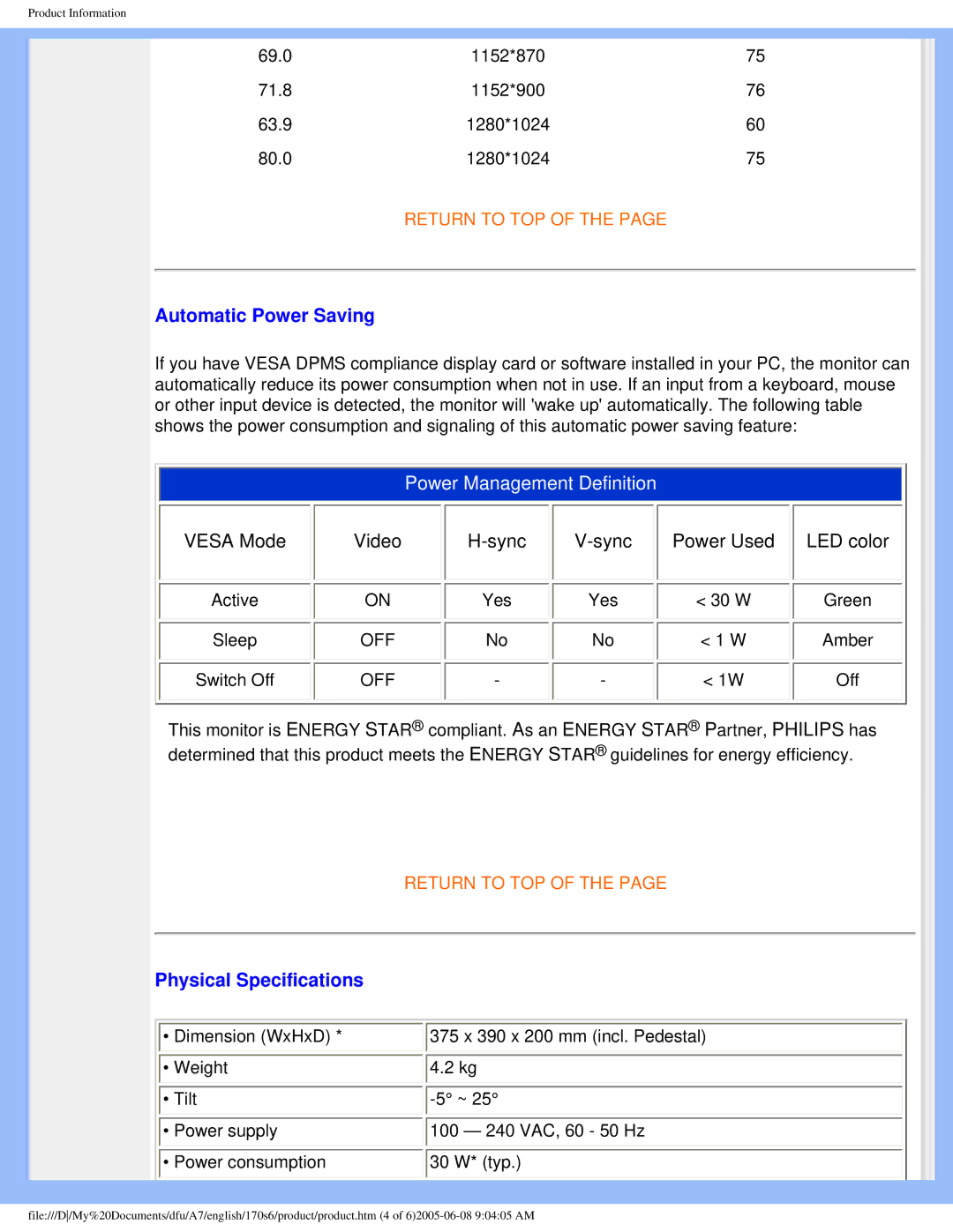 Philips 170s6 user manual Automatic Power Saving, Physical Specifications 