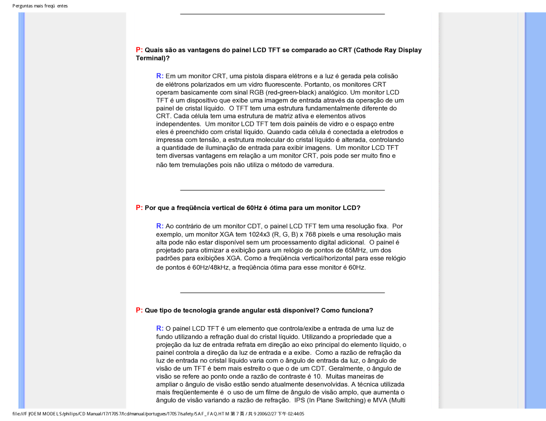 Philips 170S7 user manual Perguntas mais freqüentes 