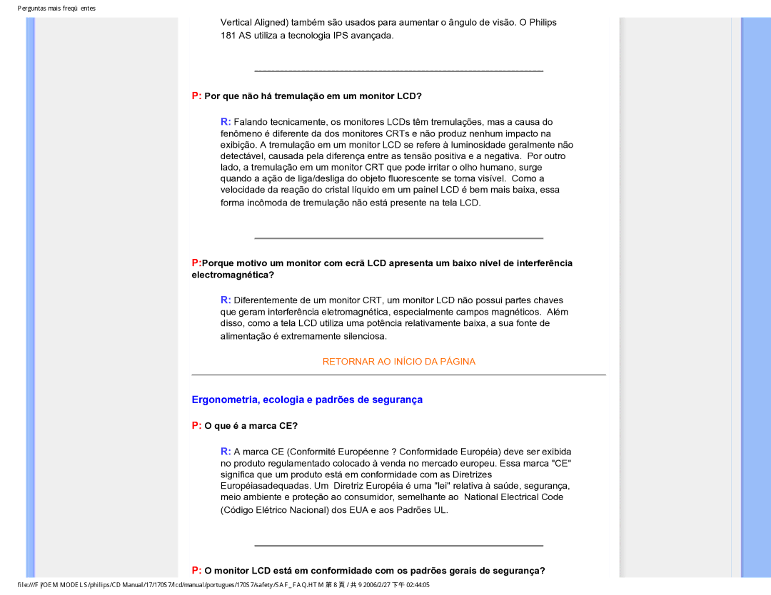 Philips 170S7 user manual Ergonometria, ecologia e padrões de segurança, Por que não há tremulação em um monitor LCD? 