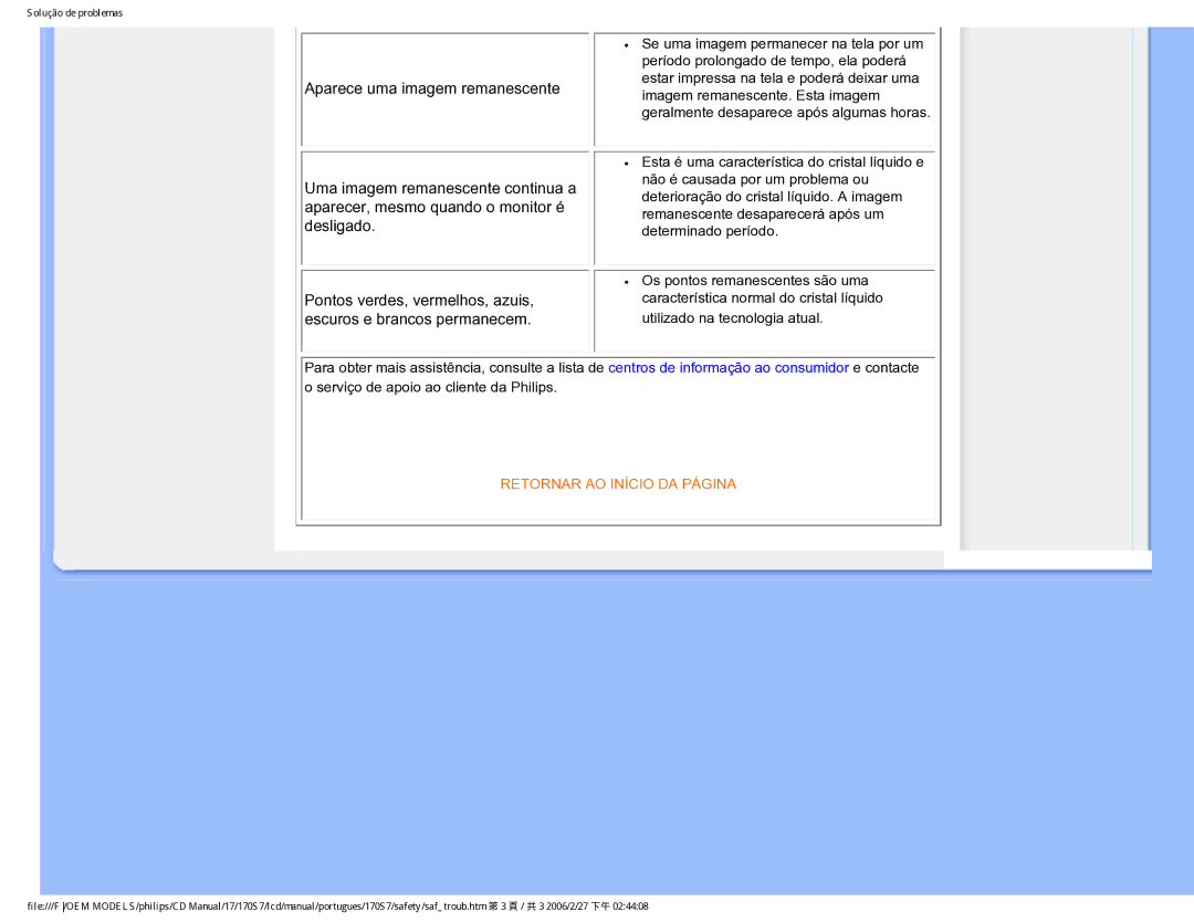 Philips 170S7 user manual Retornar AO Início DA Página 