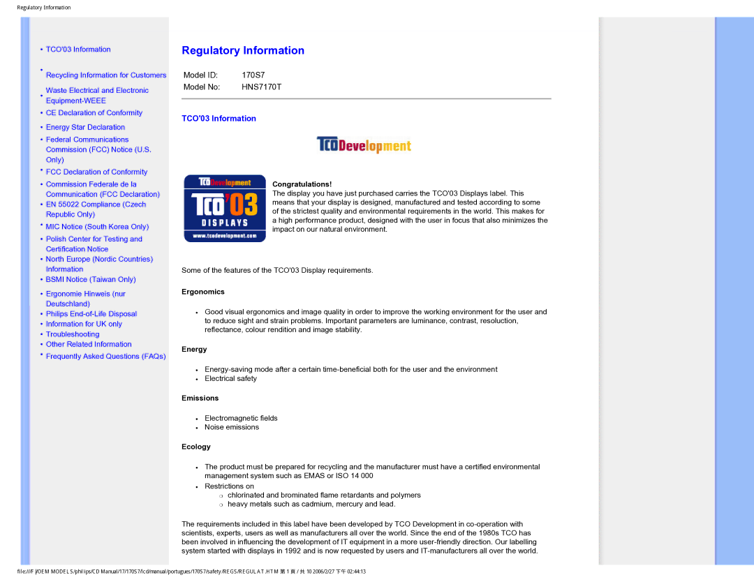 Philips 170S7 user manual Regulatory Information 