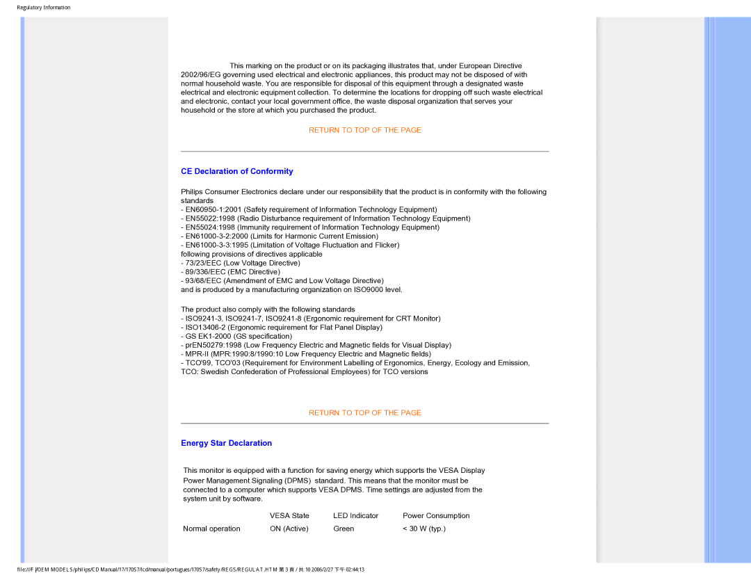 Philips 170S7 user manual CE Declaration of Conformity 