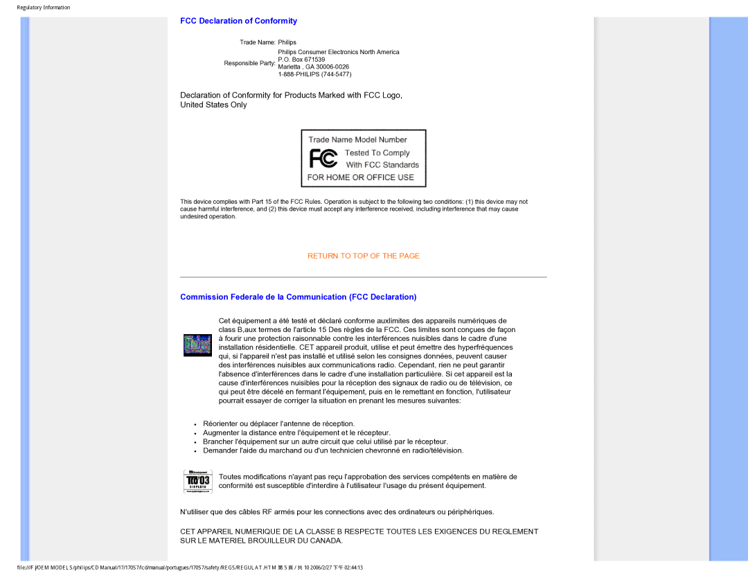 Philips 170S7 user manual FCC Declaration of Conformity 