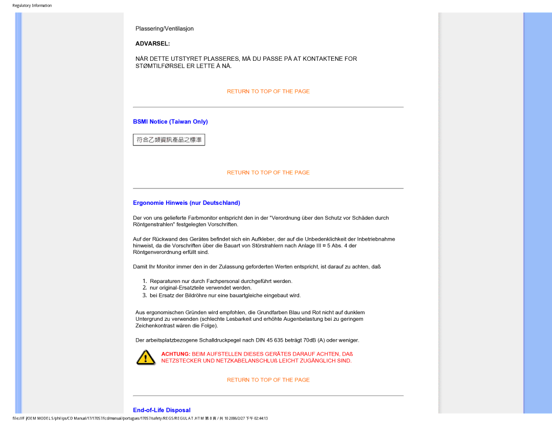 Philips 170S7 user manual Bsmi Notice Taiwan Only 