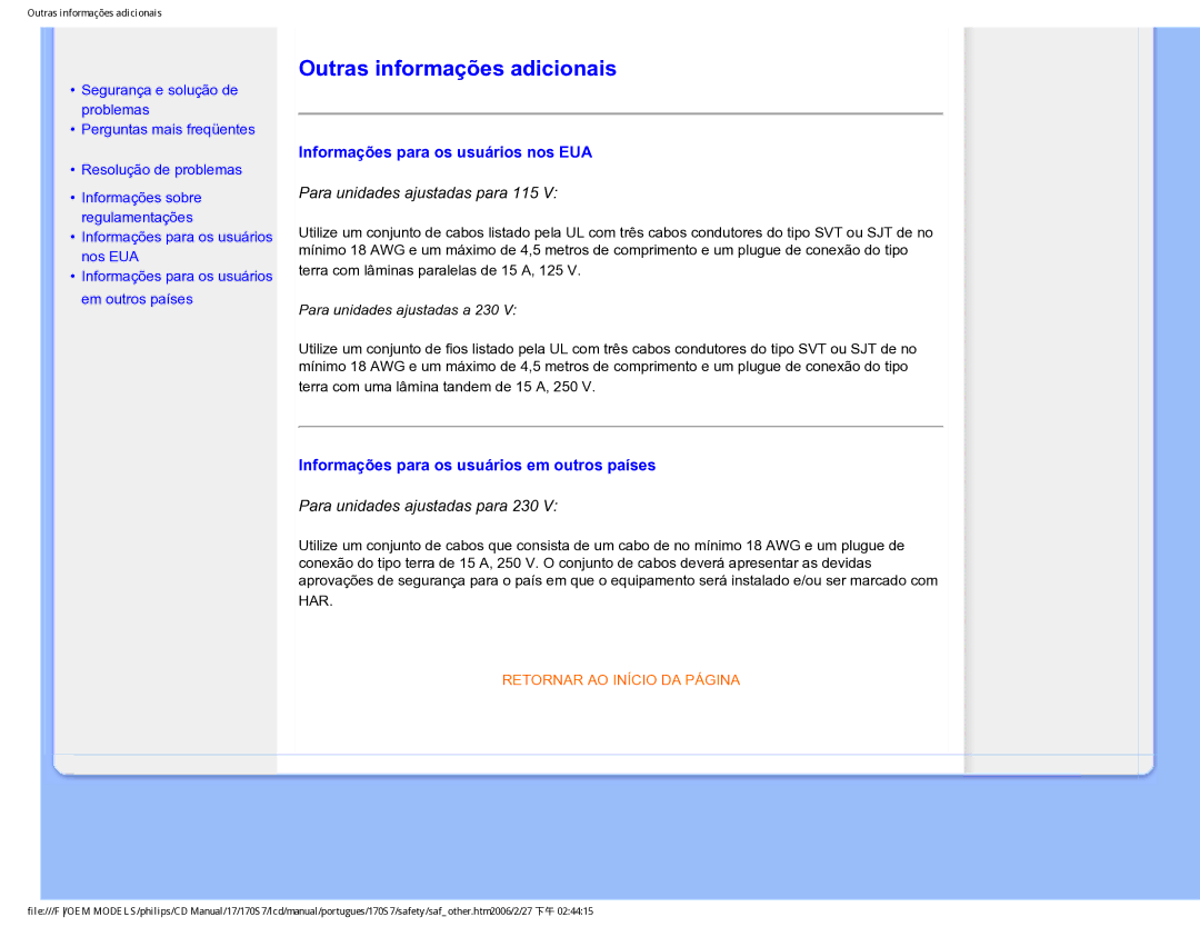 Philips 170S7 user manual Outras informações adicionais, Informações para os usuários nos EUA 