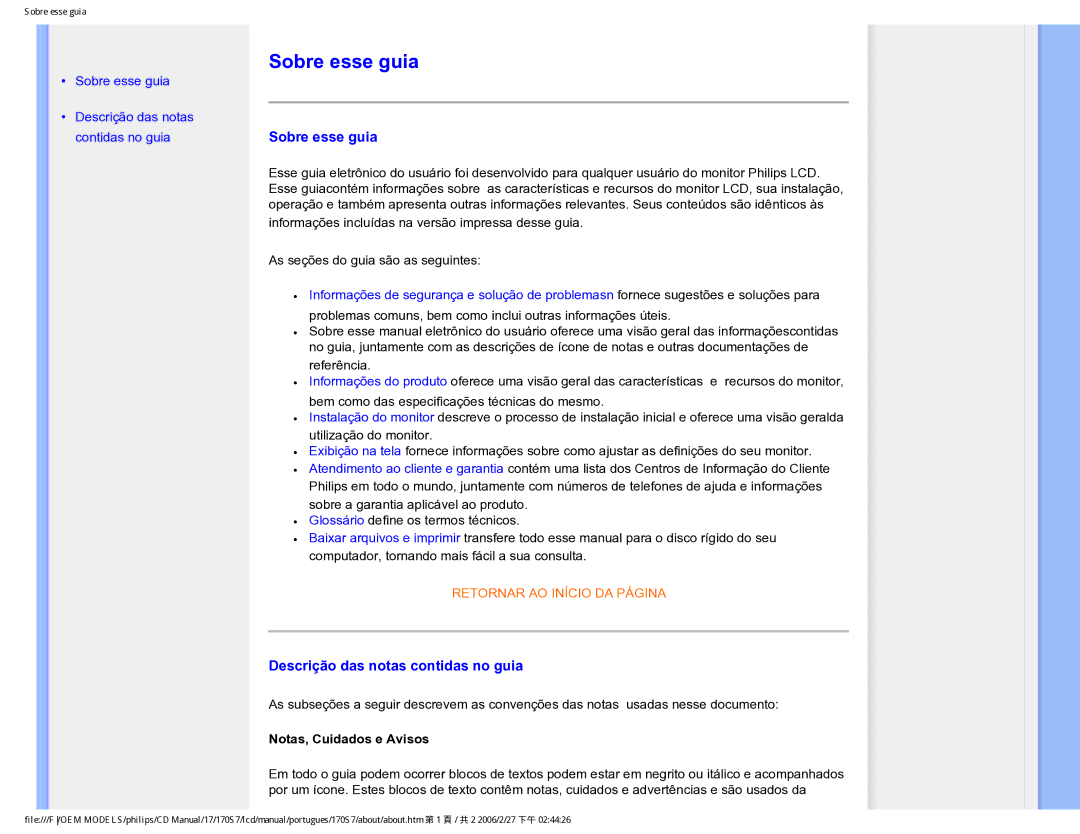 Philips 170S7 user manual Sobre esse guia, Descrição das notas contidas no guia, Notas, Cuidados e Avisos 