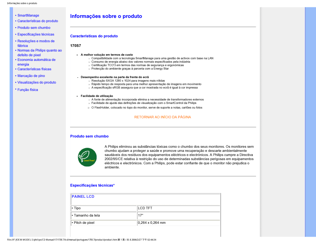 Philips 170S7 user manual Informações sobre o produto 