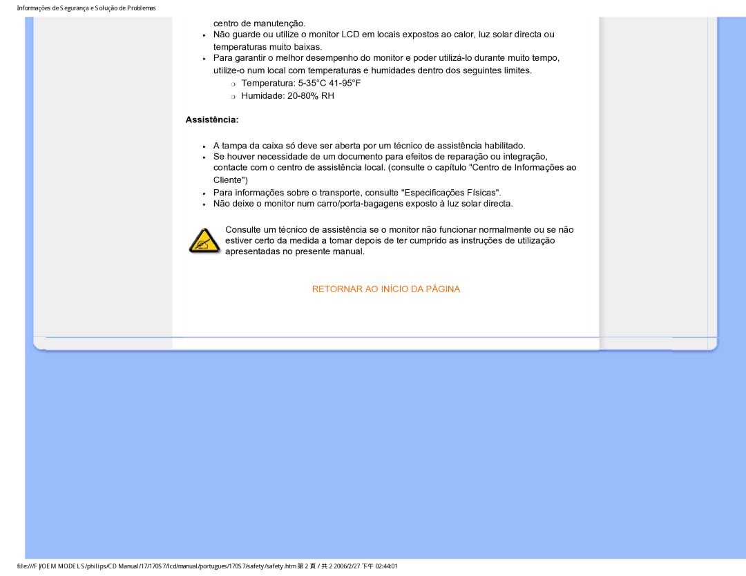 Philips 170S7 user manual Assistência, Retornar AO Início DA Página 