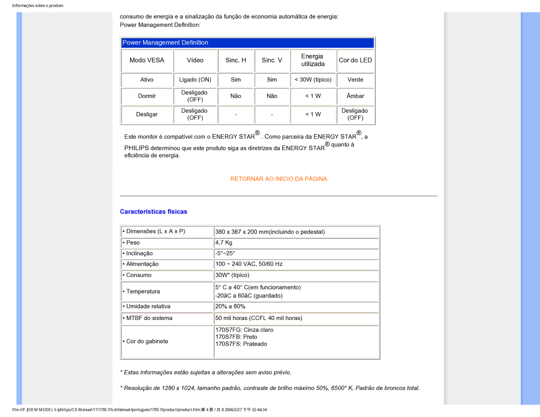 Philips 170S7 user manual Características físicas 