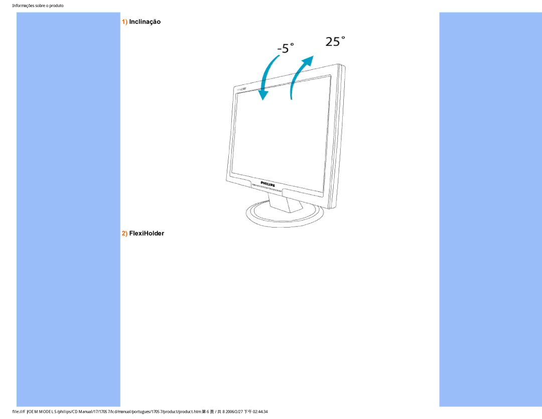 Philips 170S7 user manual Inclinação FlexiHolder 