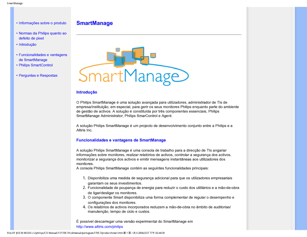 Philips 170S7 user manual Introdução, Funcionalidades e vantagens de SmartManage 