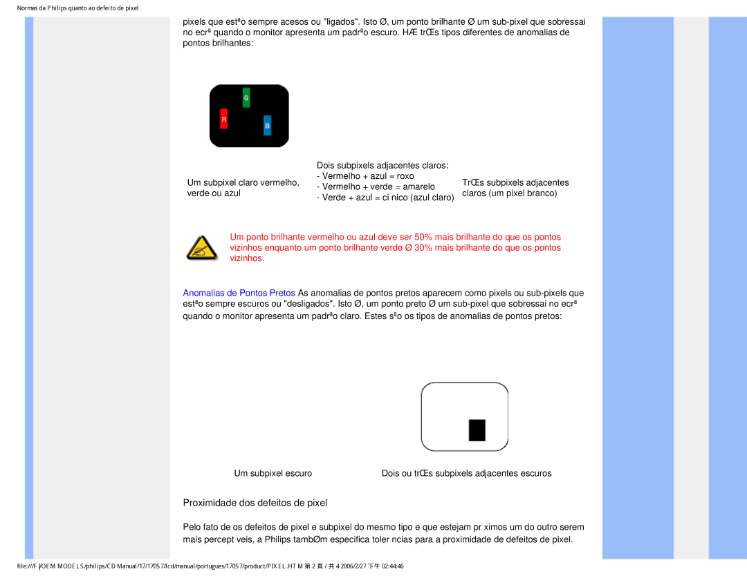 Philips 170S7 user manual Proximidade dos defeitos de pixel 