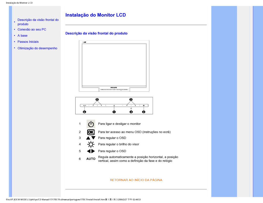 Philips 170S7 user manual Instalação do Monitor LCD, Descrição da visão frontal do produto 