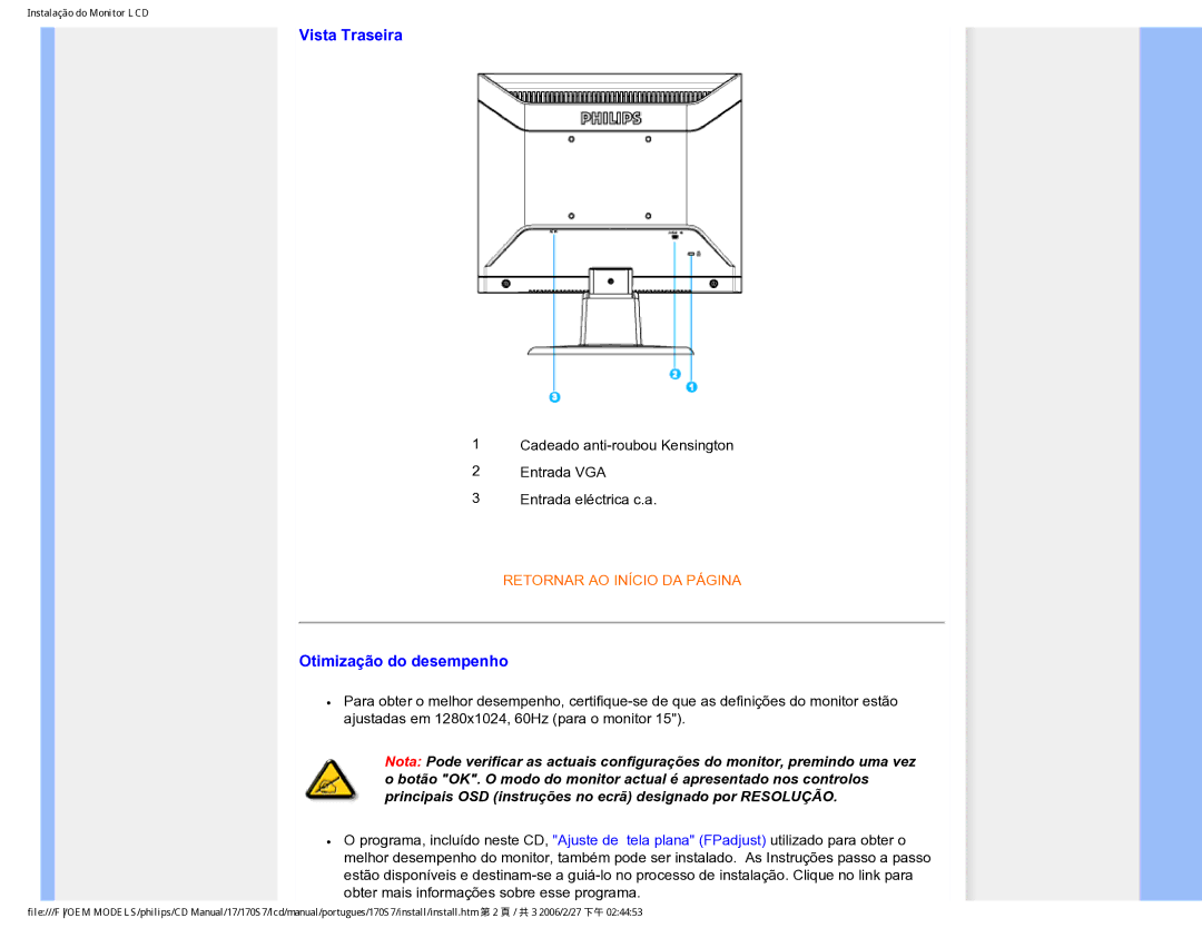 Philips 170S7 user manual Vista Traseira, Otimização do desempenho 