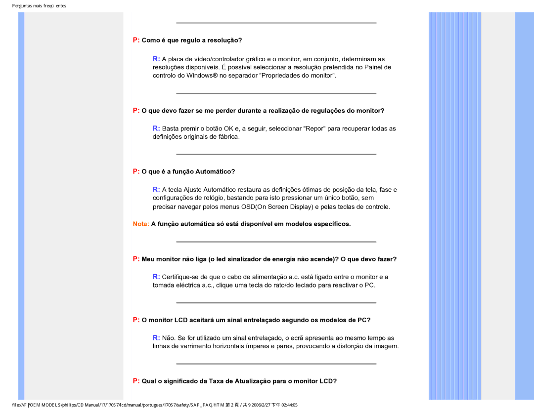 Philips 170S7 user manual Como é que regulo a resolução?, Que é a função Automático? 