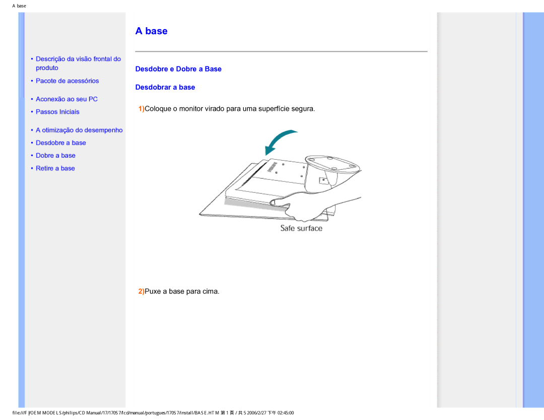 Philips 170S7 user manual Desdobre e Dobre a Base Desdobrar a base 