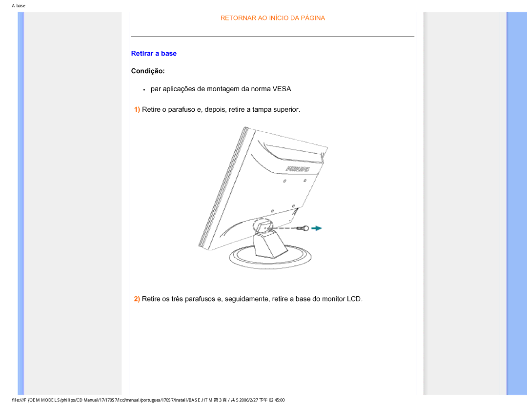 Philips 170S7 user manual Retirar a base, Condição 