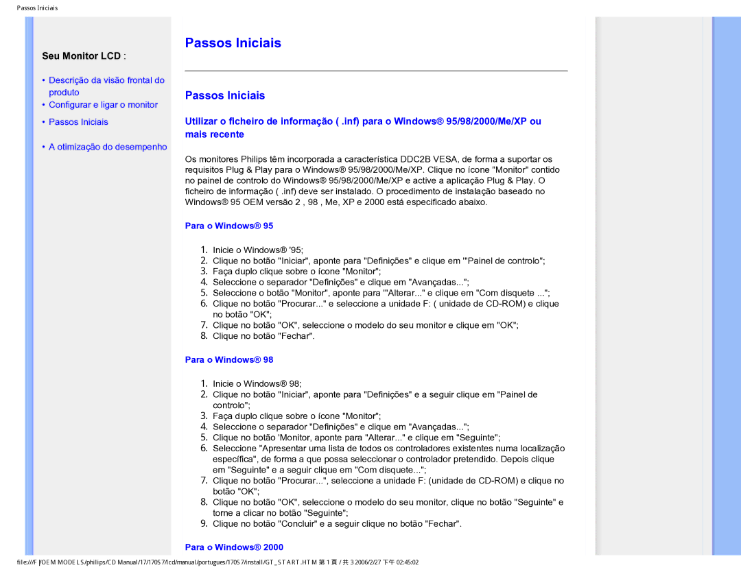 Philips 170S7 user manual Passos Iniciais, Seu Monitor LCD 