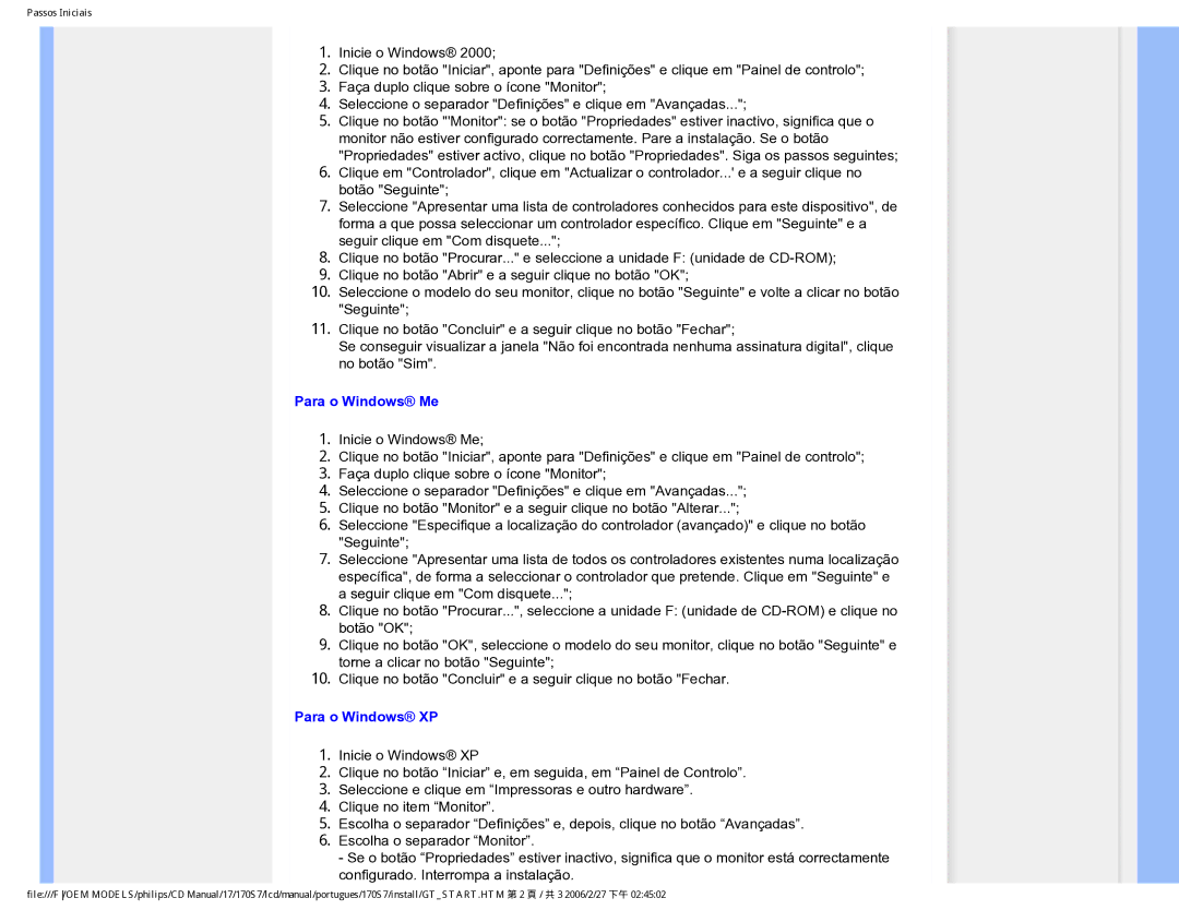 Philips 170S7 user manual Para o Windows Me 
