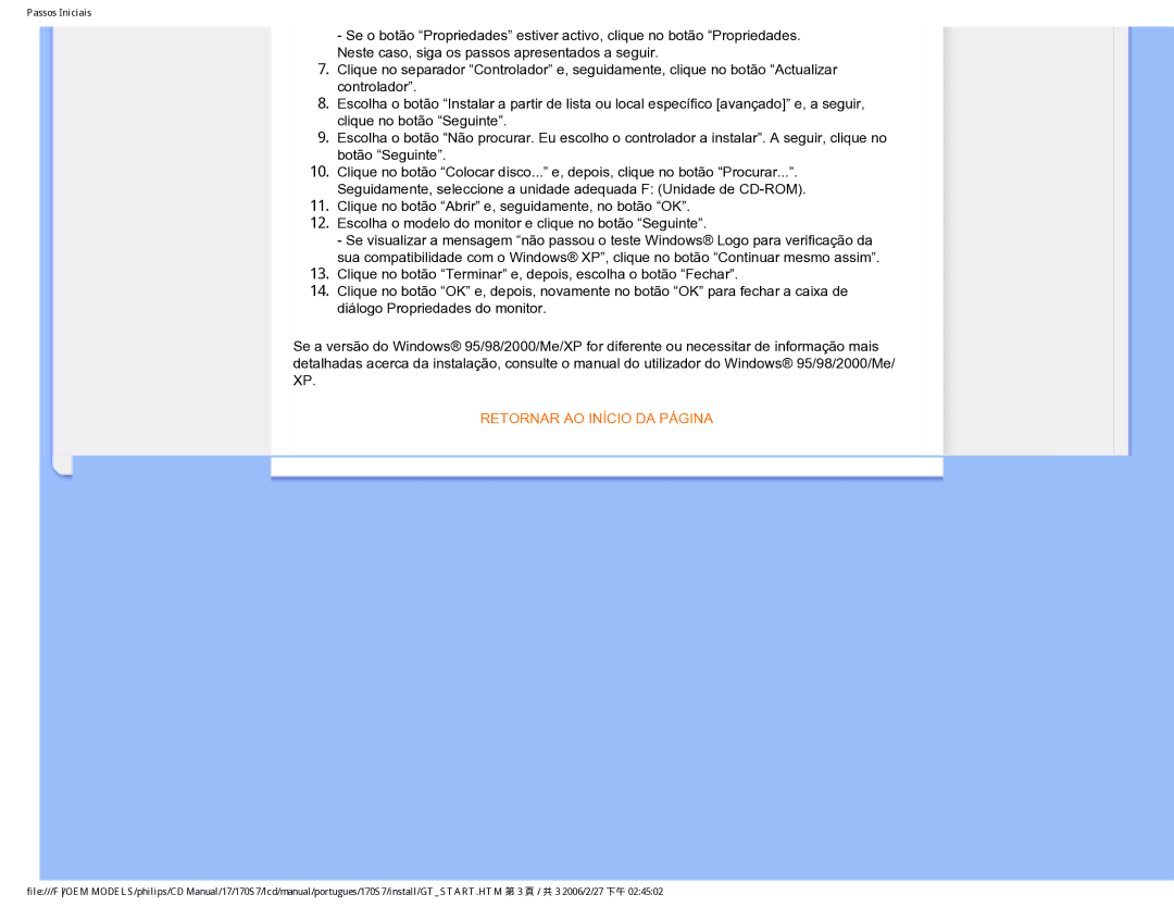 Philips 170S7 user manual Retornar AO Início DA Página 
