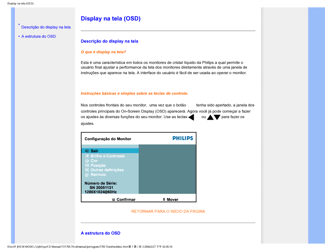 Philips 170S7 user manual Display na tela OSD, Descrição do display na tela, Estrutura do OSD 