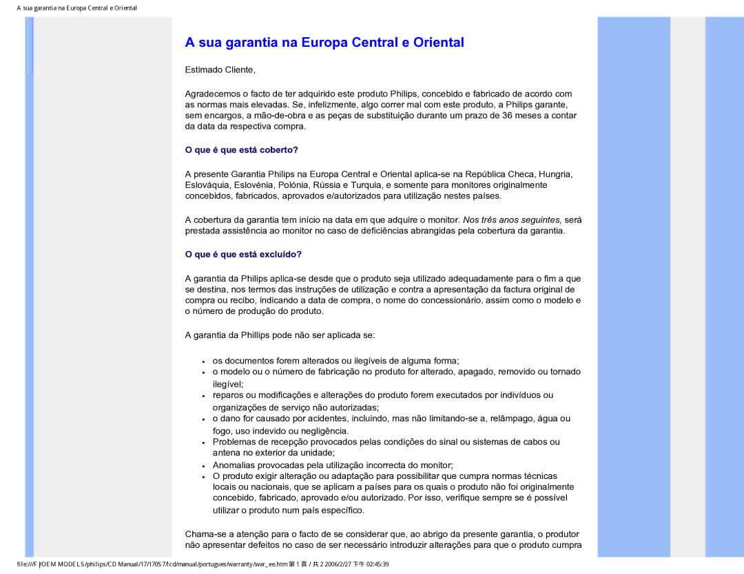 Philips 170S7 user manual Sua garantia na Europa Central e Oriental 