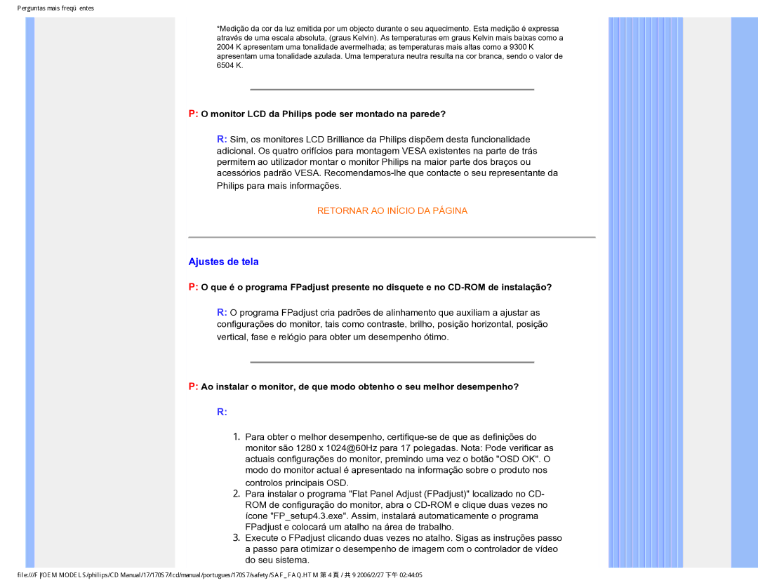 Philips 170S7 user manual Ajustes de tela, Monitor LCD da Philips pode ser montado na parede? 