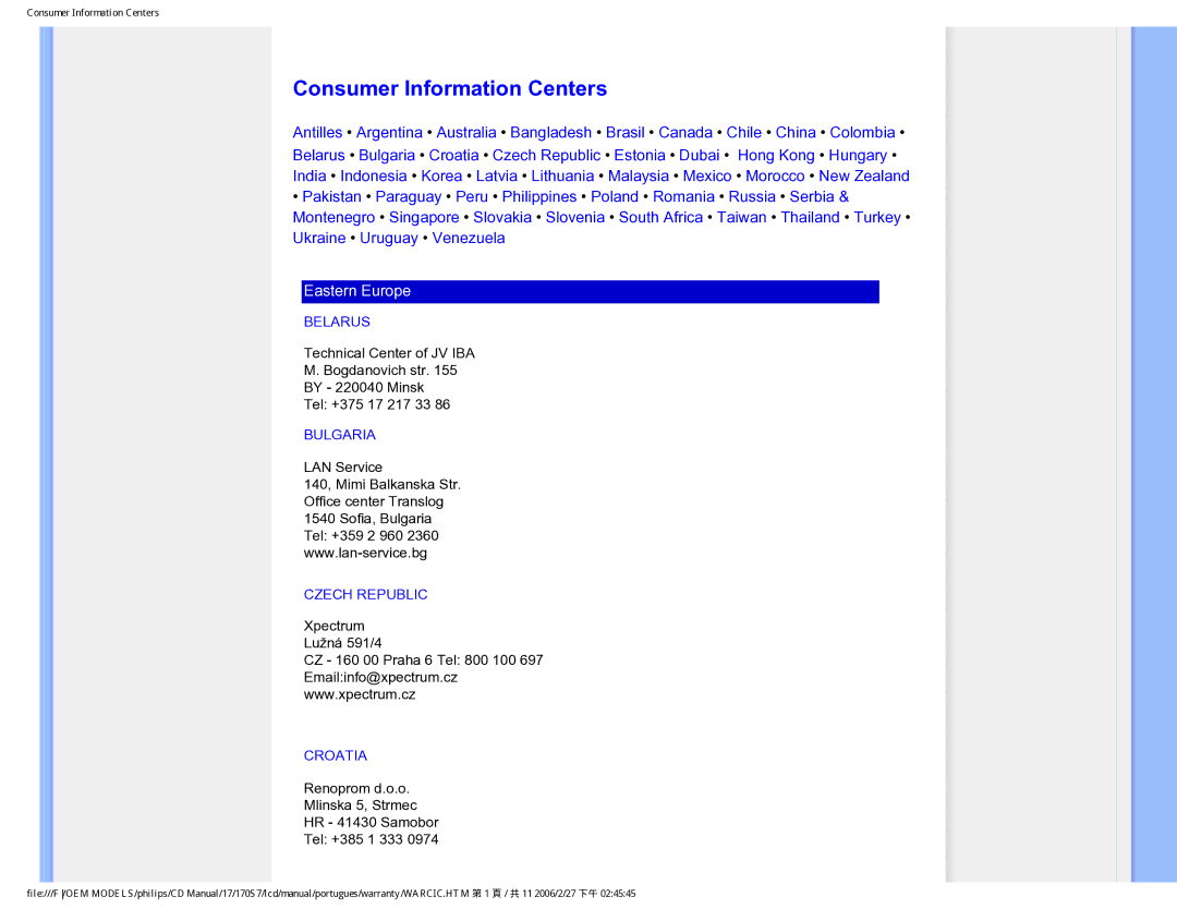 Philips 170S7 user manual Consumer Information Centers, Belarus, Bulgaria, Czech Republic, Croatia 