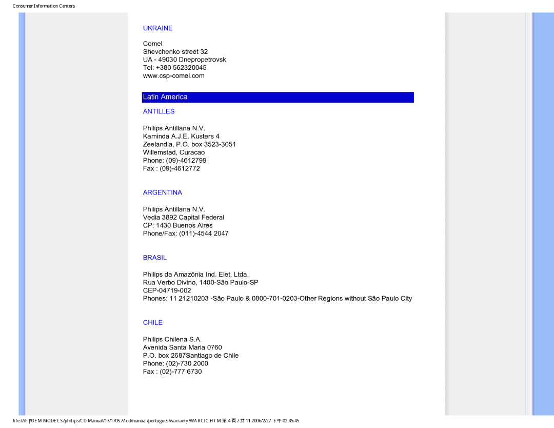 Philips 170S7 user manual Ukraine, Antilles, Argentina, Brasil, Chile 