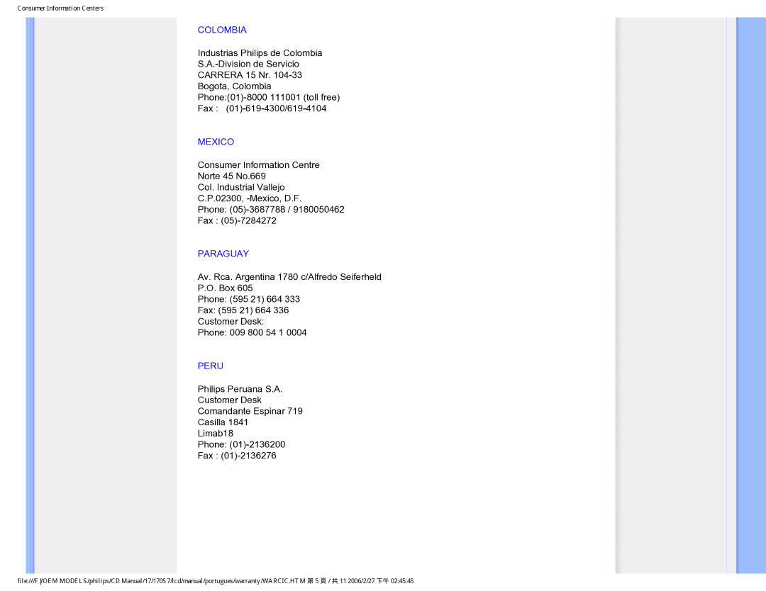 Philips 170S7 user manual Colombia, Mexico, Paraguay, Peru 