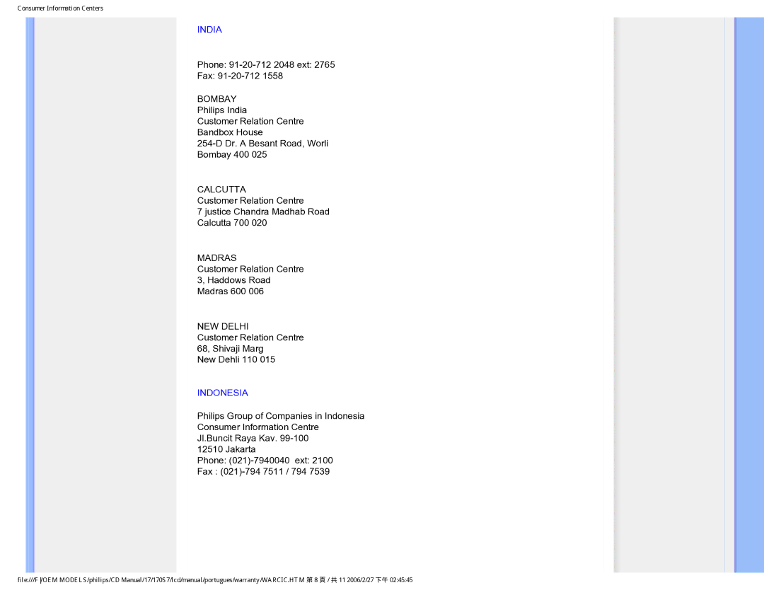 Philips 170S7 user manual India, Indonesia 