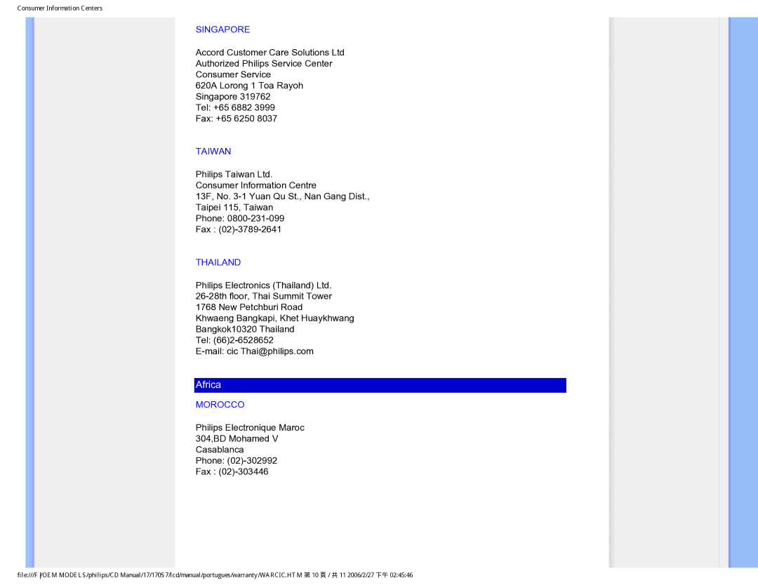 Philips 170S7 user manual Singapore, Taiwan, Thailand, Morocco 