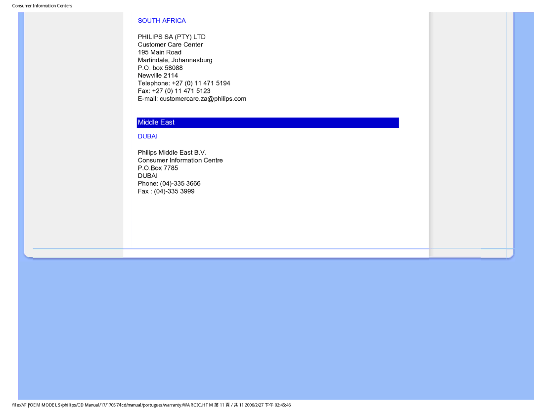 Philips 170S7 user manual South Africa, Dubai 