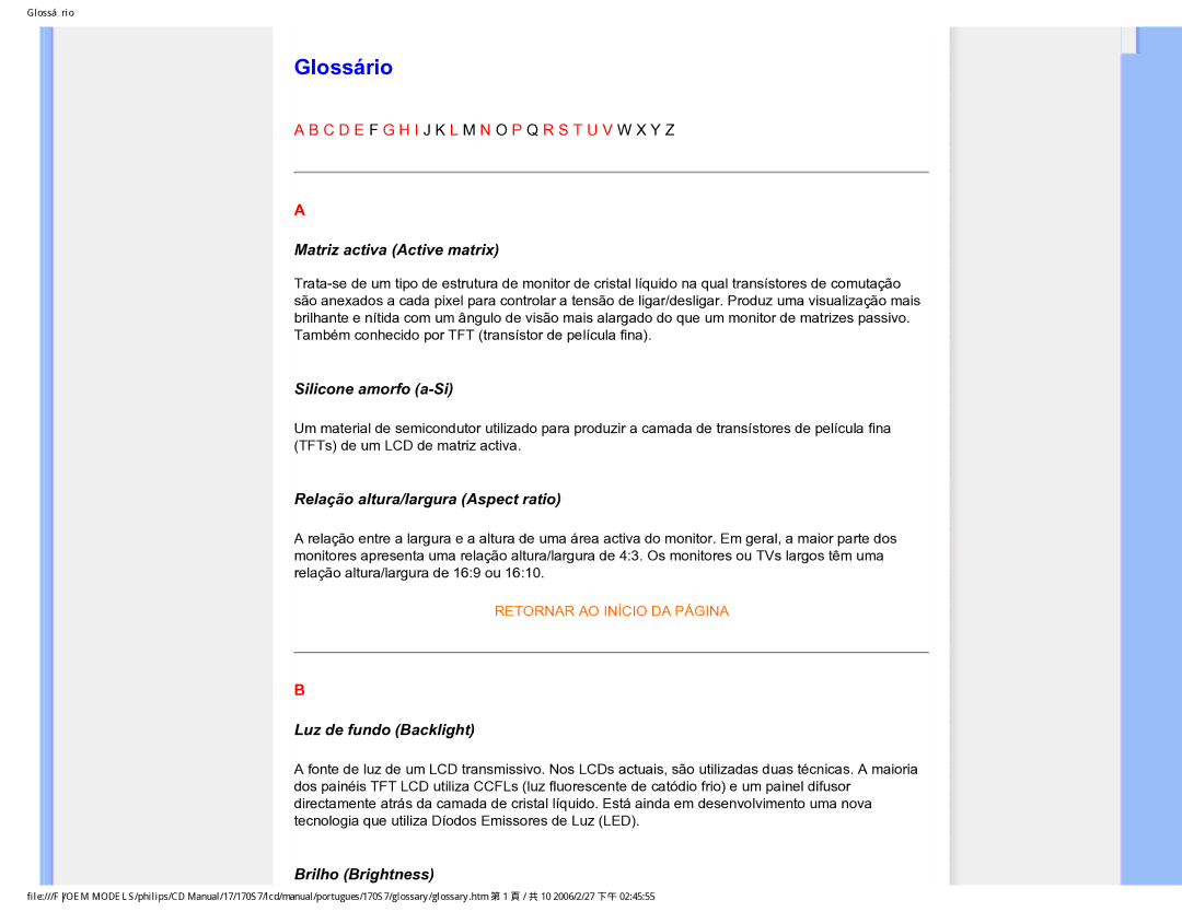 Philips 170S7 user manual Glossário, Matriz activa Active matrix 