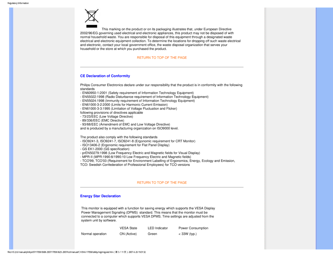 Philips 170S8 user manual CE Declaration of Conformity, Energy Star Declaration 