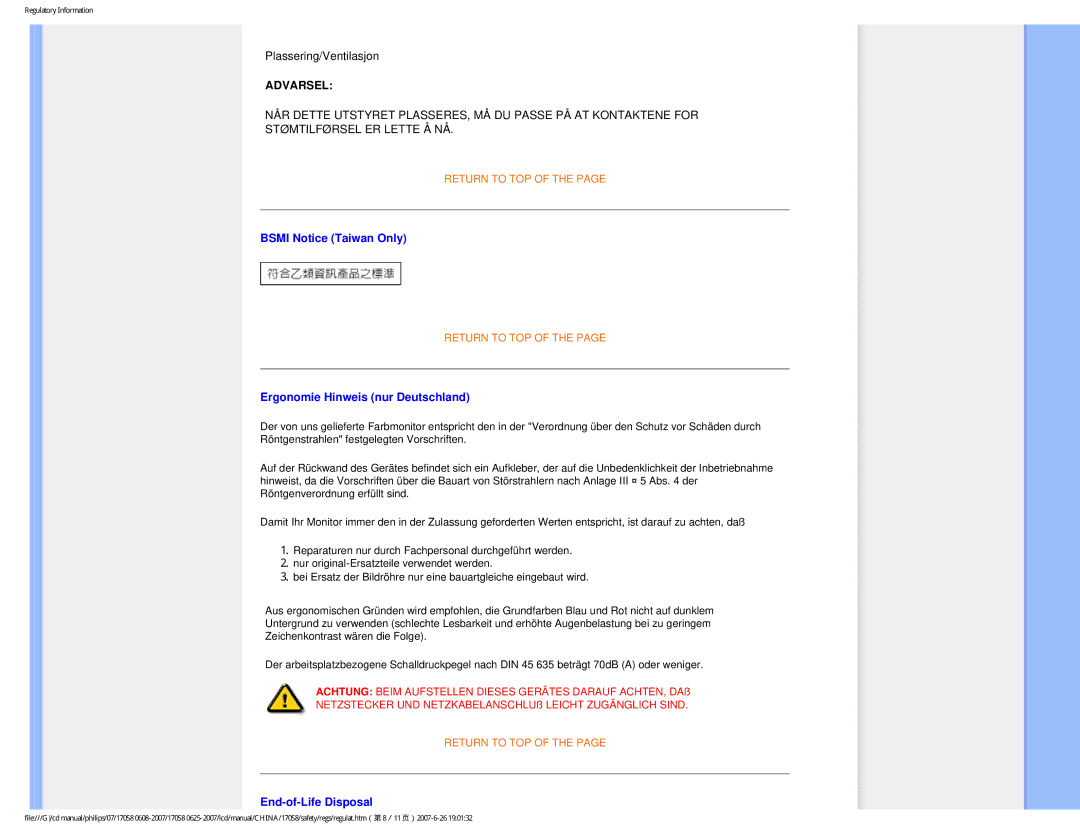 Philips 170S8 user manual Bsmi Notice Taiwan Only, Ergonomie Hinweis nur Deutschland, End-of-Life Disposal 