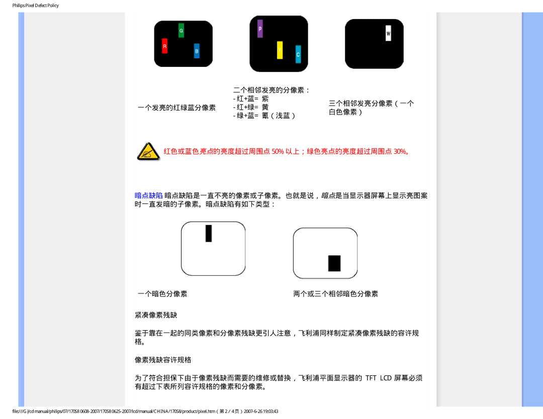 Philips 170S8 user manual 一个暗色分像素, 紧凑像素残缺 