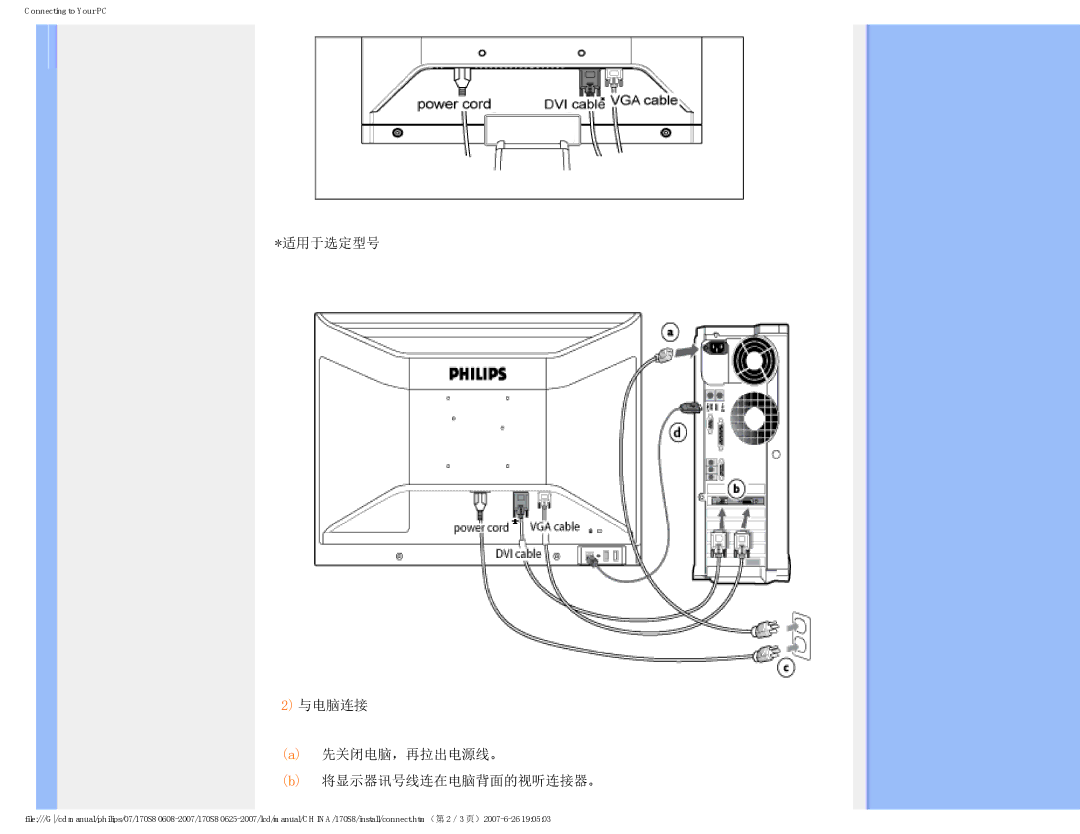 Philips 170S8 user manual 适用于选定型号 与电脑连接 先关闭电脑，再拉出电源线。 将显示器讯号线连在电脑背面的视听连接器。 