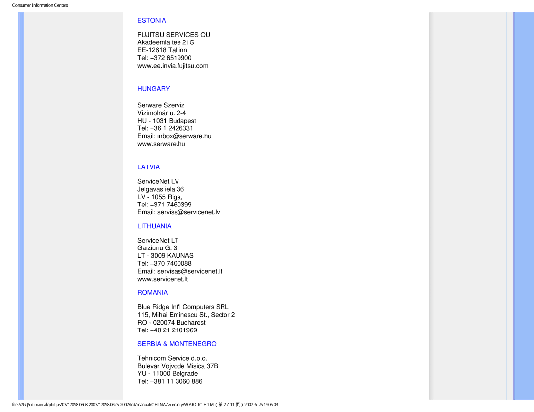 Philips 170S8 user manual Estonia, Hungary, Latvia, Lithuania, Romania, Serbia & Montenegro 