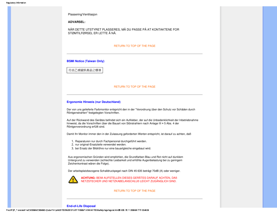 Philips 170S9 user manual Advarsel, BSMI Notice Taiwan Only, Ergonomie Hinweis nur Deutschland, End-of-Life Disposal 