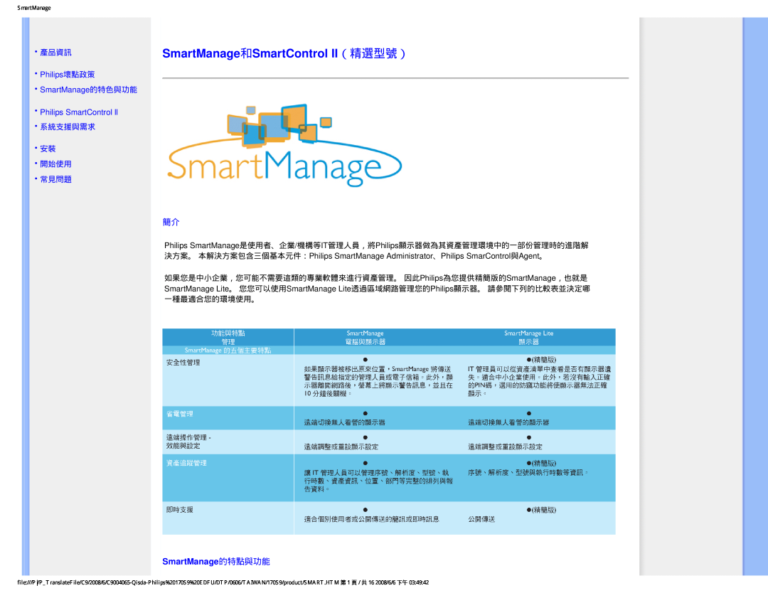 Philips 170S9 user manual SmartManage和SmartControl II（精選型號）, SmartManage的特點與功能, 產品資訊, 系統支援與需求 安裝 開始使用 常見問題 