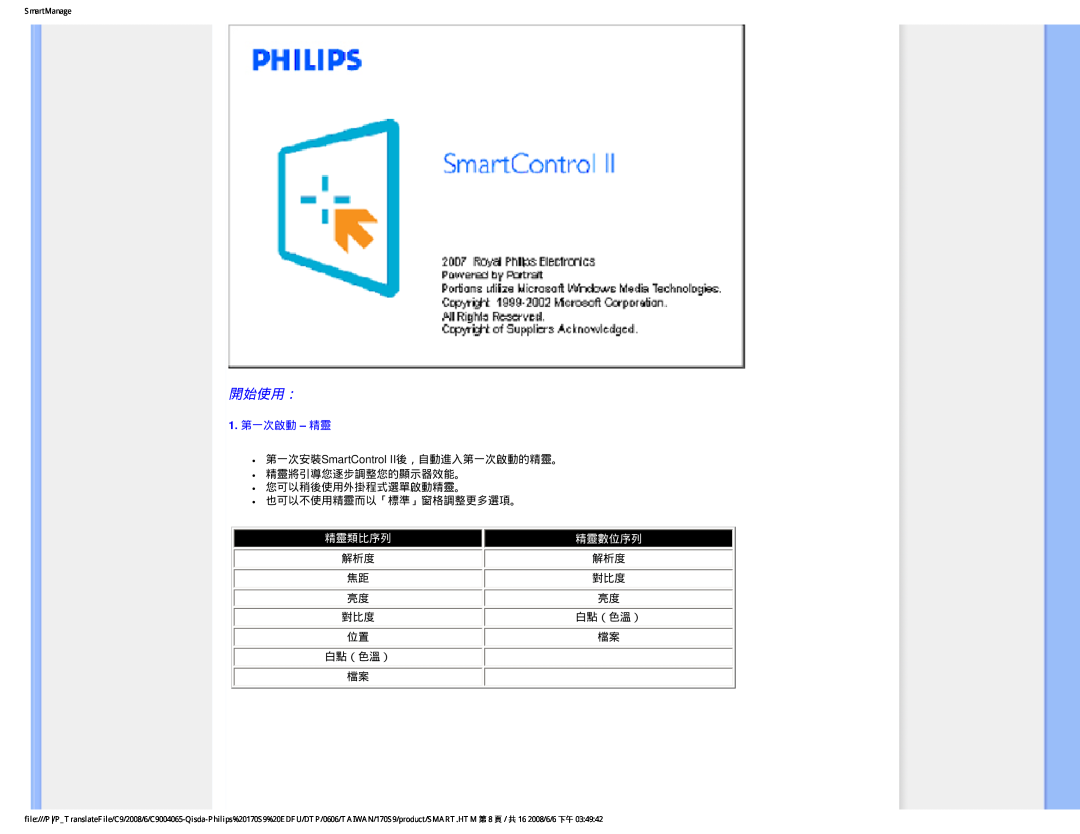 Philips 170S9 user manual 開始使用：, 1. 第一次啟動 - 精靈, 精靈類比序列, 精靈數位序列 