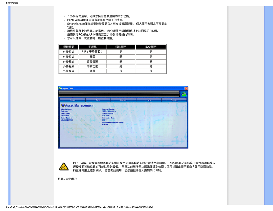 Philips 170S9 user manual 標籤標題, 類比顯示, 數位顯示, 資產管理, 防竊功能 